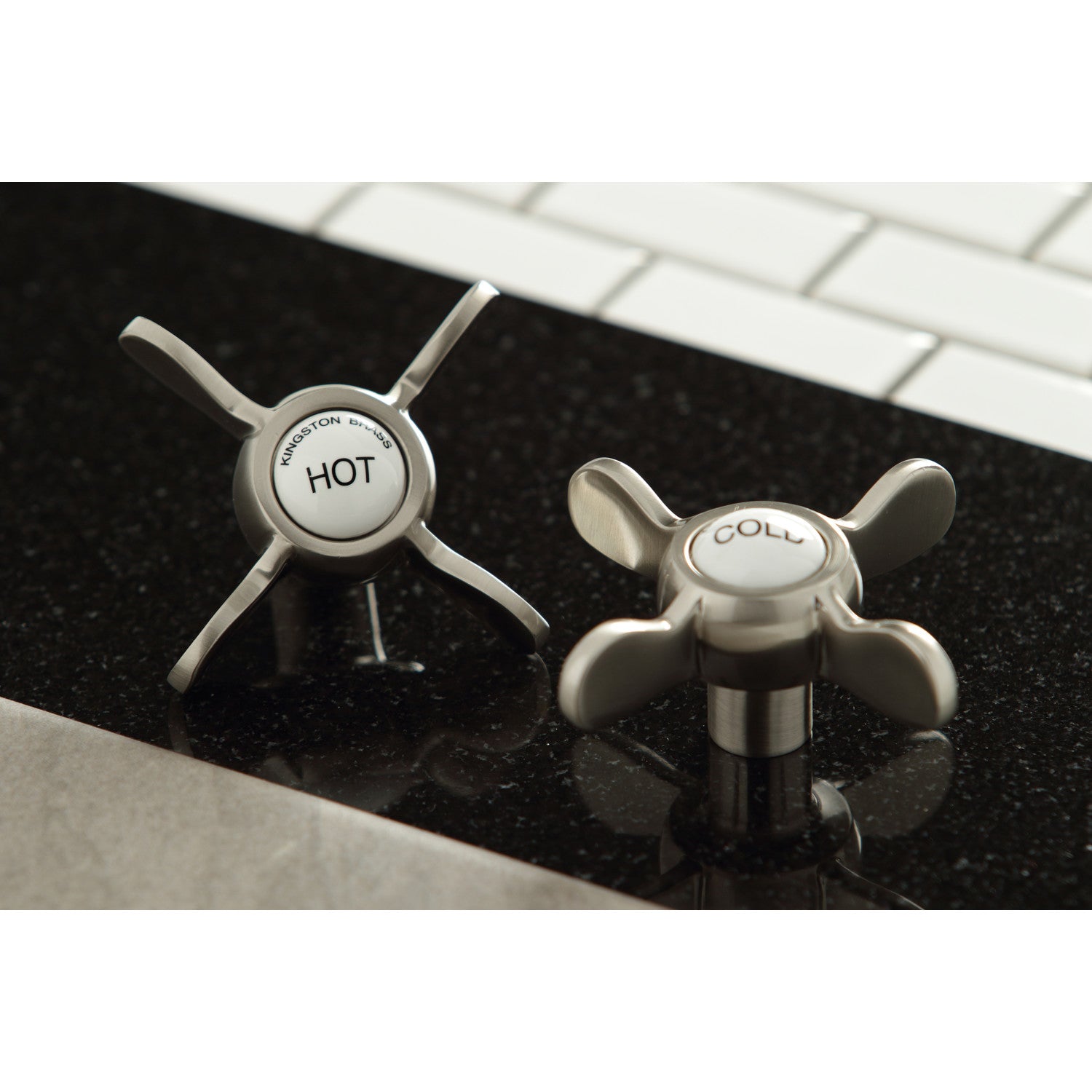 Kingston Heirloom KC7168BEX - Essex Two-Handle 3-Hole Deck Mount Widespread Bathroom Faucet with Brass Pop-Up, Brushed Nickel — thumbnail 2